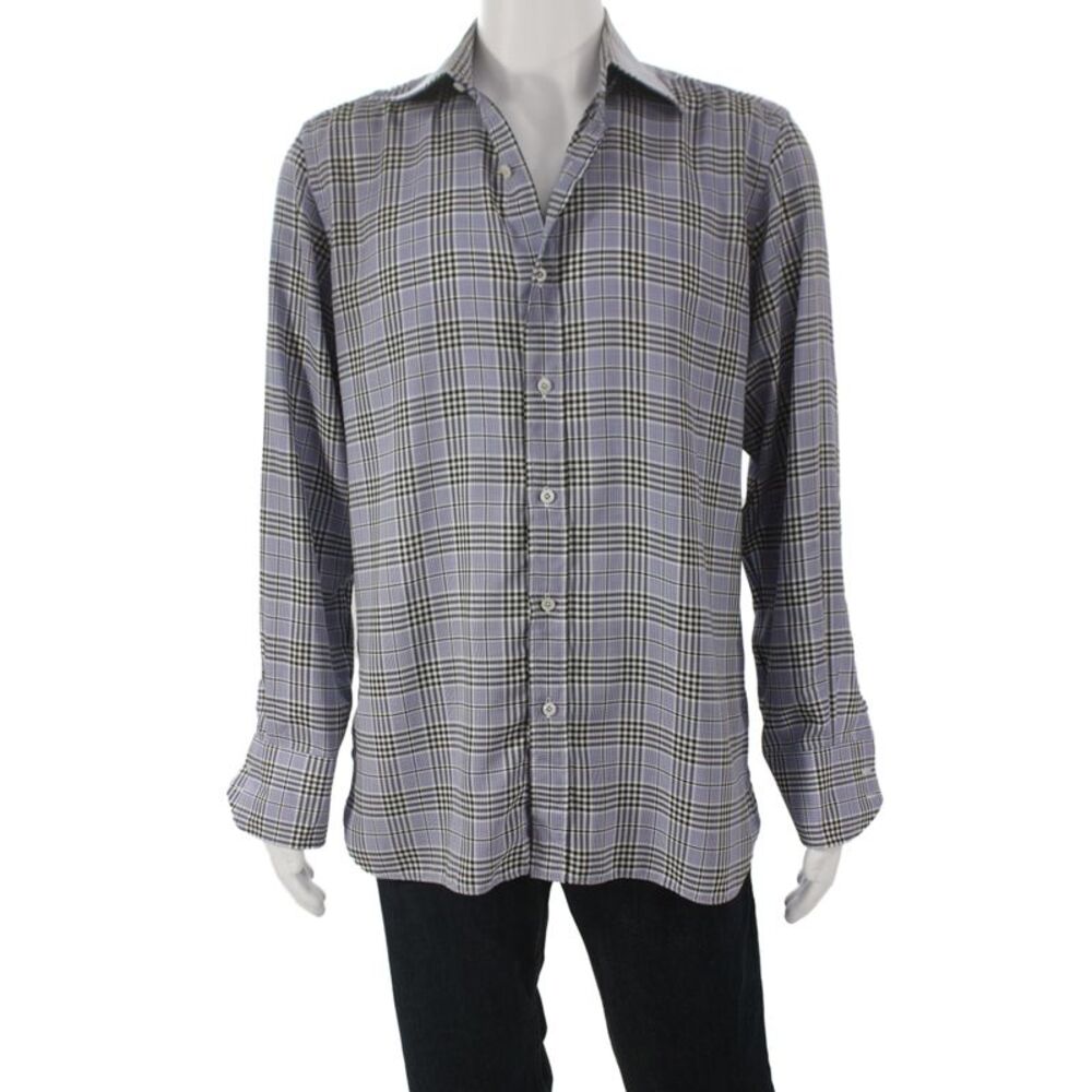 Tom Ford Womens Cotton Striped Collared Neckline Button Front Shirt Blue Size 42